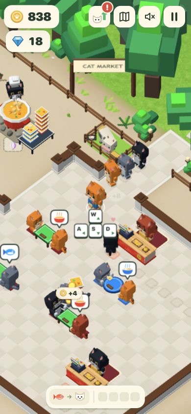 Cat Market on a phone: cats at tables and a counter in a blocky 3D restaurant
